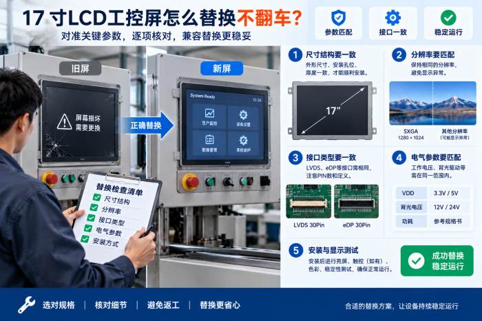 17寸LCD工控屏怎么替换不翻车？接口、供电、背光和结构都要看
